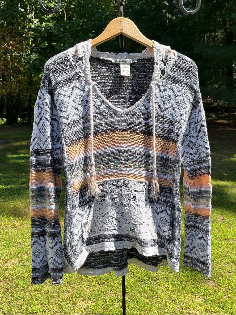 Y2K American Rag Cie Striped Chunky Knit Sweater Lace Size M Boho Fairy Fall